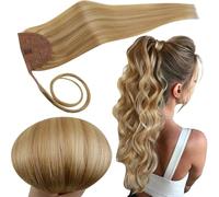 RUNATURE Pony tail Extension Human Hair Golden Blonde Highlight Human Hair Ponytail Extensions Blonde Real Hair Ponytail Extensions 14 Inch 70 Gram #16/24