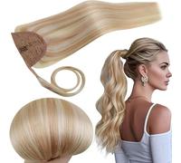 RUNATURE Ponytail Extension Human Hair Blonde Clip in Ponytail Hair Extensions Real Human Hair Highlight Platinum Blonde Straight 14 Inch 70g #18/613