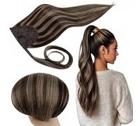 RUNATURE Ponytail Extension Human Hair Dark Brown Highlights Light Brown Remy Ponytail Extension Real Hair Straight Clip in Ponytail Hair Extension 100 Gram 22 Inch