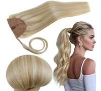 RUNATURE Ponytail Extension Human Hair Straight Blonde Real Hair Ponytail Extension Highlight Platinum Blonde Ponytail Hair Easy to Wear 12 Inch 70g #18/613