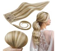 RUNATURE Ponytail Hair Extensions Human Hair Blonde Highlight Ash Blonde Ponytail Hair Extension Straight Real Hair Ponytail Extensions 16 Inch 80 Gram