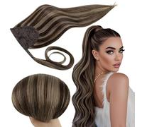 RUNATURE Real Hair Ponytail Extension Brown Highlight Dark Brown Wrap Around Ponytail Hair Extensions Straight Ponytail Human Hair Extension 18 Inch 80 Gram