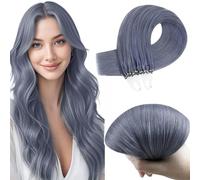 RUNATURE Remy Micro Beads Hair Extensions Human Hair Haze Blue Micro Ring Extensions Blonde Real Hair Extensions Straight 16 Inch 25g/25s