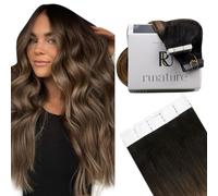 RUNATURE Tape in Hair Extensions Human Hair Balayage Tape Hair Extensions Natural Black Ombre Dark Blonde with Strawberry Blonde Tape Hair 14 Inch 20 Pieces/40g #1B/4/27