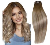 RUNATURE Weft Hair Extensions Ombre Human Hair Blonde to Brown Double Weft Hair Extensions Real Human Hair Sew in Extensions Human Hair Blonde 16 Inch 100g