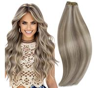 RUNATURE Weft Hair Extensions Real Human Hair 18in Grey Blonde Highlight