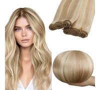 RUNATURE Weft Hair Extensions Real Human Hair 24inch Ash Blonde Highlight Platinum Blonde Sew in Extensions Human Hair Invisible Double Weft 100g/Pack #18AP60