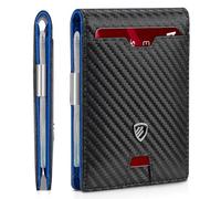 RUNBOX Mens Slim Wallet with Money Clip RFID Blocking Bifold Credit Card Holder for Men with Gift Box, Carbon black Blue, Minimalist
