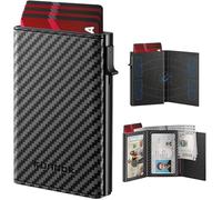 RUNBOX Mens Wallet Card Holder: Pop-Up Aluminum Case, RFID Blocking, Compact Minimalist Front Pocket, Leather Finish, 10-15 Card Capacity, Dual ID Windows, Hidden Slots, Gift for Him, Carbon Fiber