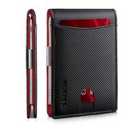 RUNBOX Money Clip Slim Wallets for Men RFID Blocking 11 Card Holder Minimalist Small Leather Bifold Men's Front Pocket Wallet Gift Box, Modern Carbon Black n Red, M, Minimalist