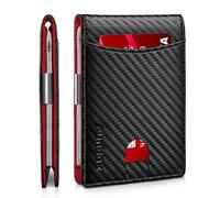 RUNBOX Slim Money Clip Wallets for Men RFID Blocking 11 Card Holder Minimalist Small Leather Bifold Men's Front Pocket Wallet Gift Box, Carbon Black n Red, M, Minimalist