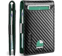 RUNBOX Slim Wallets for Men - Leather Money Clip Mens Wallet - RFID Blocking Front Pocket Bifold Wallet - Thin Credit Card Holder with Gift Box, Carbon Black&Green, M, Minimalist