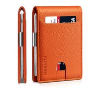 RUNBOX Slim Wallets for Men - Leather Money Clip Mens Wallet - RFID Blocking Front Pocket Bifold Wallet - Thin Credit Card Holder with Gift Box, palm grain orange, M, Classic