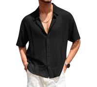 Runcati Mens Button Down Shirt Knit Crochet Hollow Out Short Sleeve Casual See Through Summer Beach Tops, Black, Large