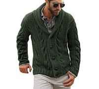 Runcati Mens Cardigan Chunky Knitted Jacket Long Sleeve Cable Knit Cardigan Casual Shawl Collar Buttoned Knitwear Overcoat Winter Outerwear, Green, M