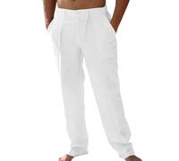 Runcati Mens Casual Linen Pants Loose Fit Elastic Drawstring Waist Straight-Legs Summer Yoga Beach Long Pants White