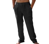 Runcati Mens Casual Linen Pants Loose Fit Elastic Drawstring Waist Straight-Legs Summer Yoga Beach Long Pants Black