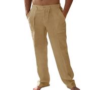 Runcati Mens Casual Linen Pants Loose Fit Elastic Drawstring Waist Straight-Legs Summer Yoga Beach Long Pants Khaki