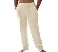 Runcati Mens Casual Linen Pants Loose Fit Elastic Drawstring Waist Straight-Legs Summer Yoga Beach Long Pants Beige