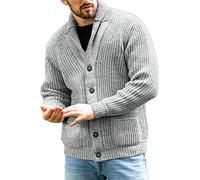 Runcati Men's Chunky Knit Cardigan Casual Shawl Collar Long Sleeve Button Down Knitted Jumper Tops, gray, L
