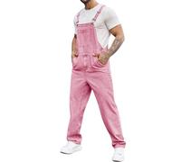 Runcati Men's Denim Bib Overall Jean Romper Trousers Adjustable Strap Workwear Slim Fit Jumpsuit, Pink, XL
