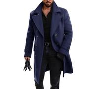 Runcati Mens Double Breasted Trench Coat Mid Long Jacket Notched Lapel Winter Chunky Warm Overcoat, Navy Blue, XXL