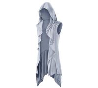 Runcati Mens Hooded Cardigan Sleeveless Ruffle Shawl Collar Open Front Knit Drape Robe, Grey, L