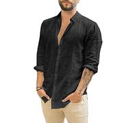 Runcati Men's Long Sleeve Linen Turn-Down Collar Leisure Shirt, Black, M