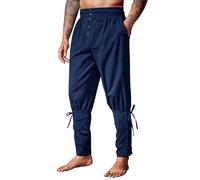 Runcati Mens Medieval Pirate Pants Renaissance Ankle Banded Viking Ren Faire Pants Lace Up Halloween Costume Trousers, Navy Blue, Medium