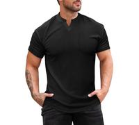 Runcati Mens Muscle T Shirt Ribbed V Neck Short Sleeve Tops Slim Fit Workout Slim Fit Casual Stretch Tee Shirts Black