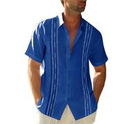 Runcati Mens Short Sleeve Guayabera Shirts Linen Cotton Button Down Mexican Embroidered Cuban Wedding Shirt Summer Beach Tops, 03 Royal, Large