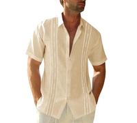 Runcati Mens Short Sleeve Guayabera Shirts Linen Cotton Button Down Mexican Embroidered Cuban Wedding Shirt Summer Beach Tops, 03 Beige, Large