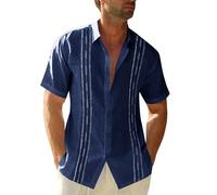 Runcati Mens Short Sleeve Guayabera Shirts Linen Cotton Button Down Mexican Embroidered Cuban Wedding Shirt Summer Beach Tops, 03 Navy, 3XL