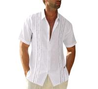 Runcati Mens Short Sleeve Guayabera Shirts Linen Cotton Button Down Mexican Embroidered Cuban Wedding Shirt Summer Beach Tops, 03 White, Medium