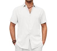 Runcati Mens Short Sleeve Linen Shirts Button Down Casual Texture Summer Beach Wedding Tops White