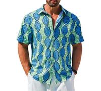 Runcati Mens Short Sleeve Shirts Button Down African Traditional Pattern Dashiki Shirt Casual Vintage Floral Hippie Tops, Lake Blue, 3XL
