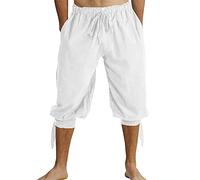 Runcati Men's Shorts with Laces, Viking Summer Trousers, Pirate Trousers, Medieval, Leisure Trousers, Beach Trousers, White, XL