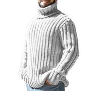 Runcati Men's Turtleneck Pullover Cable Knit Autumn Winter Chunky Knit Plain Jumper Sweater, White, XL