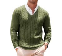 Runcati Mens V Neck Sweater Cable Knit Long Sleeve Casual Ribbed Twisted Pullover Sweaters, Army Green, XL