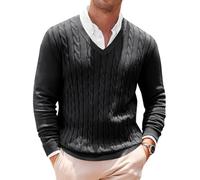 Runcati Mens V Neck Sweater Cable Knit Long Sleeve Casual Ribbed Twisted Pullover Sweaters, Black, Large