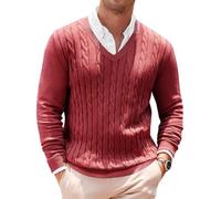 Runcati Mens V Neck Sweater Cable Knit Long Sleeve Casual Ribbed Twisted Pullover Sweaters, Burgundy, Medium