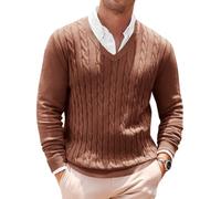 Runcati Mens V Neck Sweater Cable Knit Long Sleeve Casual Ribbed Twisted Pullover Sweaters, Coffee, Large