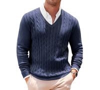 Runcati Mens V Neck Sweater Cable Knit Long Sleeve Casual Ribbed Twisted Pullover Sweaters, Navy Blue, Large