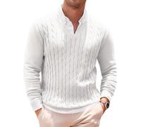 Runcati Mens V Neck Sweater Cable Knit Long Sleeve Casual Ribbed Twisted Pullover Sweaters, White, Large