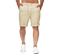 Runcati - Pantaloncini da Uomo in lino, Bermuda, Corti, con Elastico in vita, per il Tempo Libero, con 2 Tasche, Beige., L