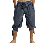 Runcati Shorts Men's Harem Trousers with Lacing Viking Summer Trousers Pirate Medieval Costume Leisure Beach Shorts, gray, M