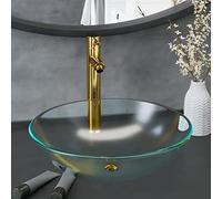 Rundes Waschbecken mit Wasserhahn und Ablaufgarnitur, mattiertes gehärtetes Glas, Gold, 42 cm Durchmesser, für Badezimmer Waschtisch, modernes Aufsatzwaschbecken
