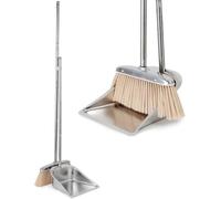 RUNEAP Broom and Dustpan Set for Home, Stainless Steel Broom and Dustpan Set with Long Handle, Heavy Duty Dustpan Set Standing Dust Pan Kitchen and Home Indoor Outdoor