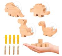 RUNEAY Children's Coat Hooks, Pack of 4, Children's Dinosaur Wall Hooks, Wooden Hooks, Self-Adhesive, Children's Hooks, No Drilling, Clothes Hooks, Suction Cup Hooks for Coat, Hat, Bag