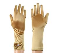 RUNHENG Kids Stretchy Satin Long Finger Dress Bowknot Gloves, 29cm (yellow Gold)